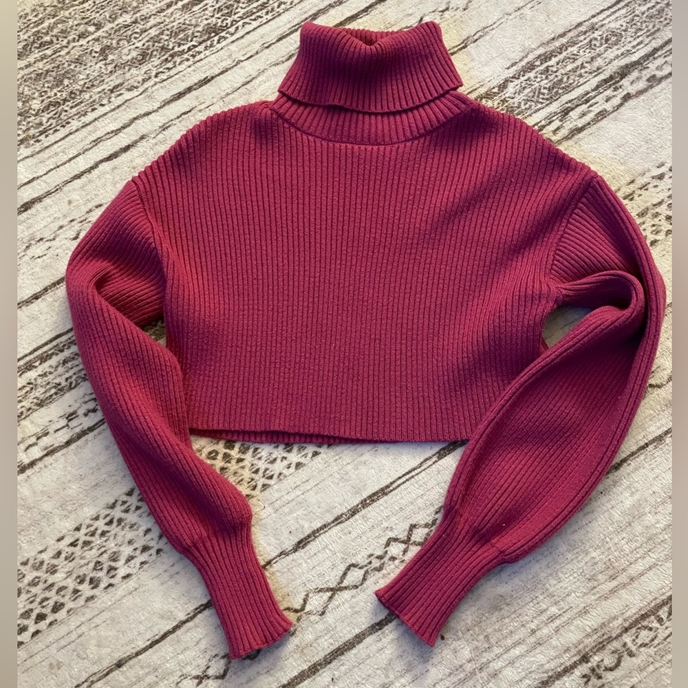 AUREUM Ribbed Cowl Neck Sweater - Deep Pink